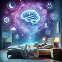 a woman lying in bed with glowing brain above her