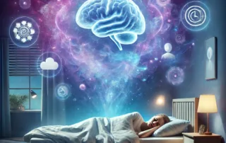 REM sleep: a woman lying in bed with glowing brain above her